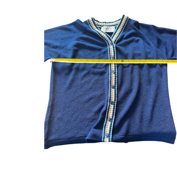 Vintage 1970s Talbott Travler Blue Textured Knit Cardigan Varsity Trim M Dacron - Picture 7 of 15
